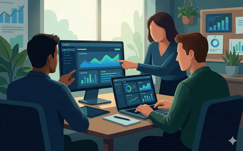 Echipă mică în fața unor ecrane cu statistici de site