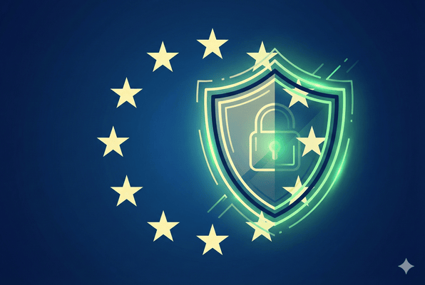 Hartă stilizată a Uniunii Europene cu un scut de siguranță