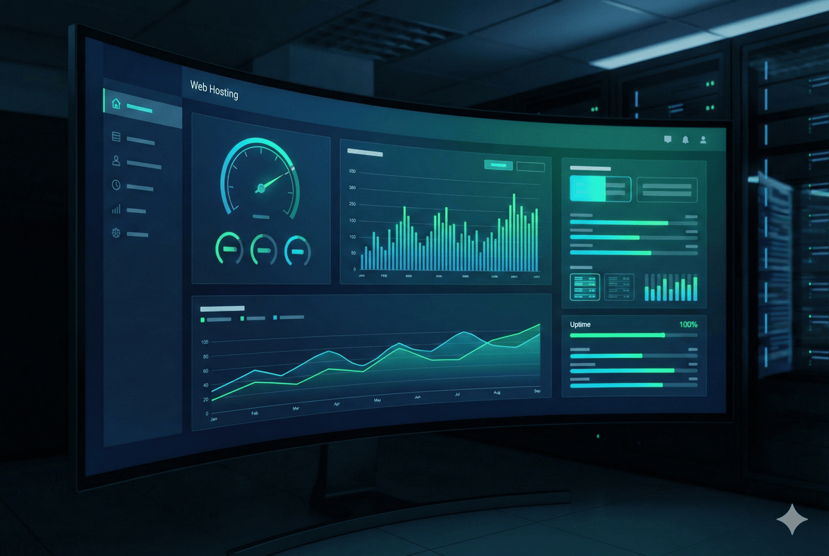 Dashboard de găzduire web cu grafice de trafic și uptime